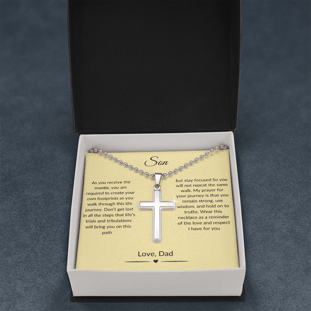 Son "Footprints" Cross necklace with ball chain from Dad