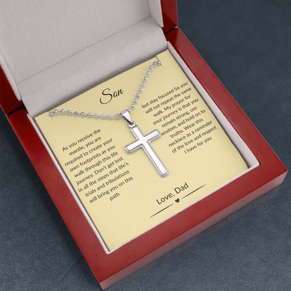 Son "Footprints" Cross necklace with ball chain from Dad